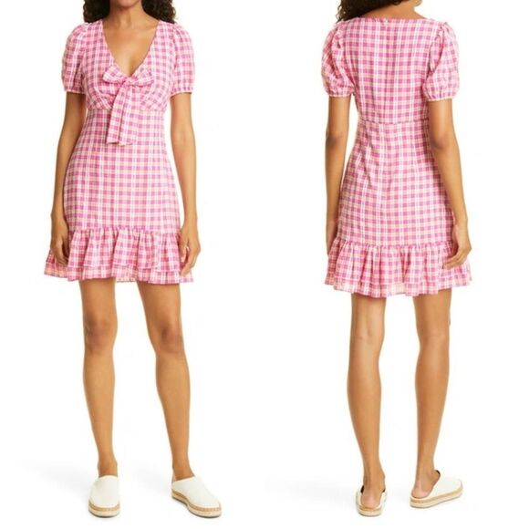NWT LIKELY Kai Check Ruffle Hem Puff Sleeve Mini Dress in Fuchsia Multi size 10 - Picture 3 of 15